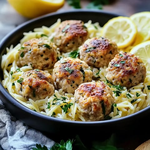 Zesty Lemon Chicken Feta Meatballs on Garlic Orzo