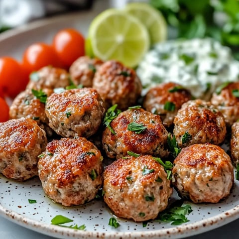 Turkey meatballs with Greek tzatziki sauce, fresh herbs, and lemon slices.