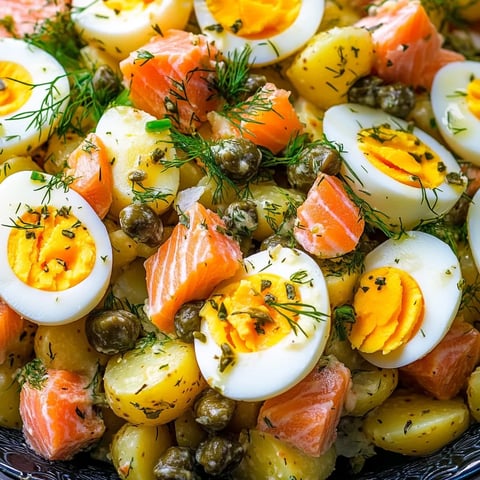 Bright salmon potato dish with eggs, herby dill, and capers as garnish.