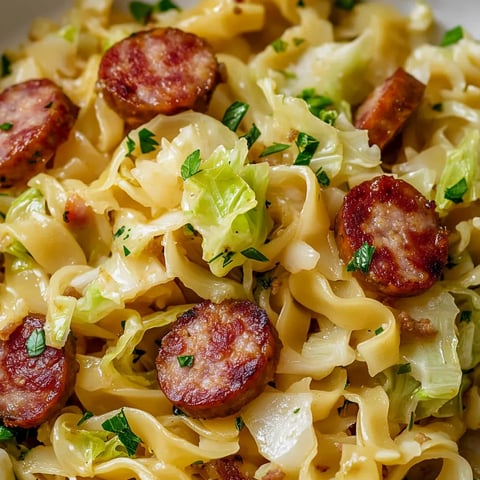 A delicious bowl of cabbage, noodles, and sausage garnished with greens.