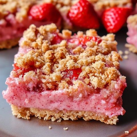 Smooth strawberry bars with a tasty cookie base and fresh topping.