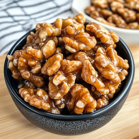 Close-up shot of sweet keto candied walnuts with a glossy, caramel-like coating.