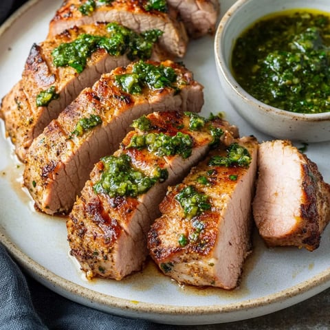 Tender pork fillet drizzled with vibrant chimichurri sauce made from fresh herbs.