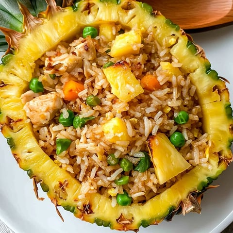 An up-close look at chicken pineapple rice with bright veggies and golden chicken.
