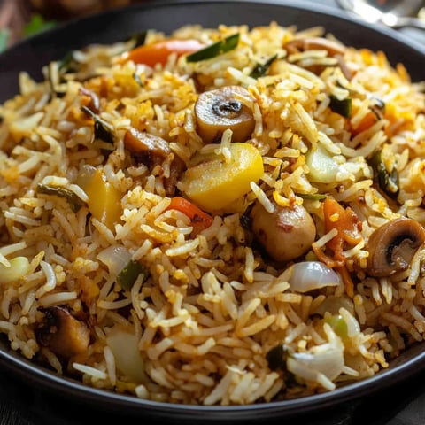 A plate of mushroom rice loaded with spices and fluffy grains.