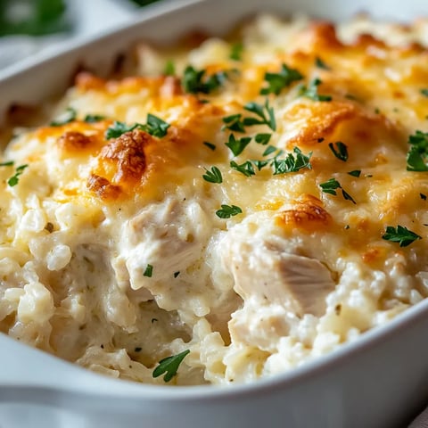 A comforting cheesy chicken and rice bake topped beautifully.