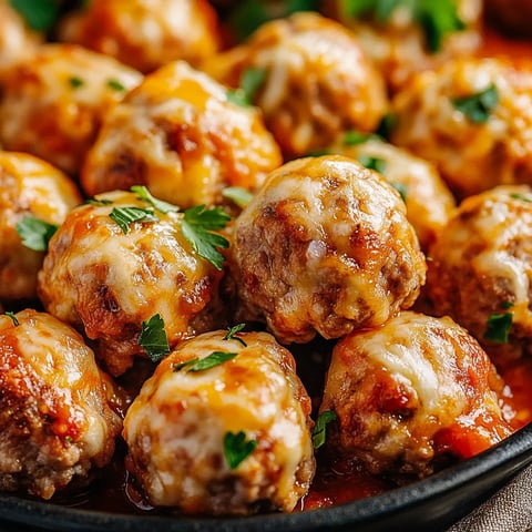 Cheesy meatballs topped with herbs on a plate.