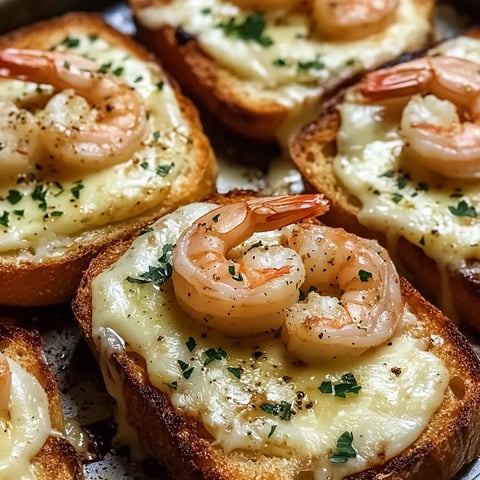 Sourdough bread topped with shrimp and garlic butter.