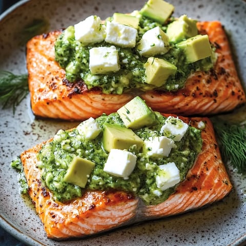 Two salmon fillets topped with avocado and crumbled cheese.