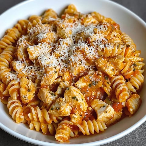 A plate of cheesy pasta with chicken pieces.