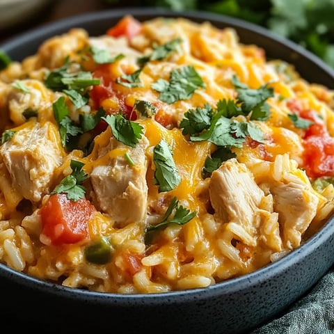 A bowl of chicken and rice with colorful peppers.