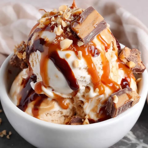A bowl of ice cream with chocolate and peanut butter toppings.