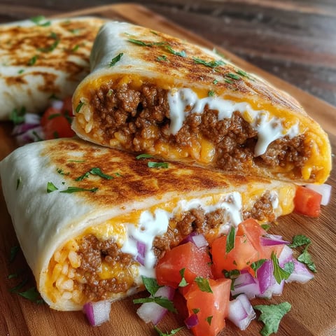 A burrito with cheese and tomatoes on a wooden table.