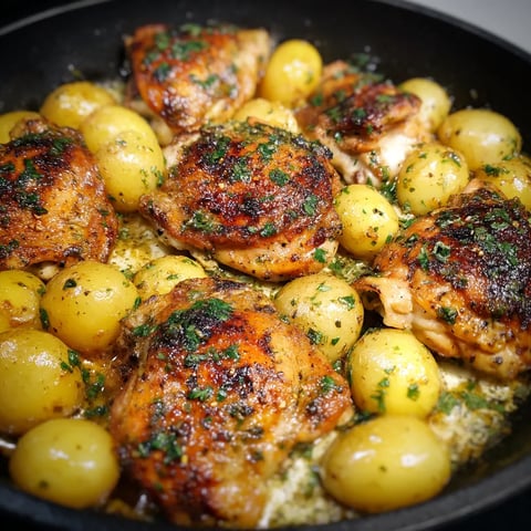 A pan of chicken and potatoes.