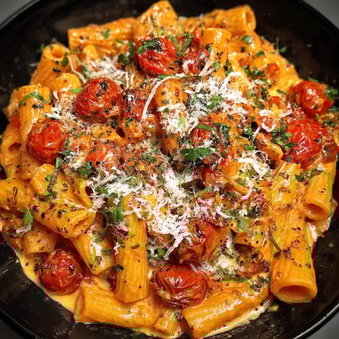 A bowl of pasta with tomatoes and cheese.