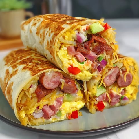 A breakfast burrito with sausage and peppers.