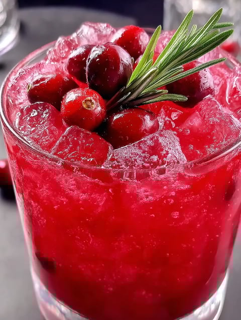 A glass of red drink with a cranberry in it.