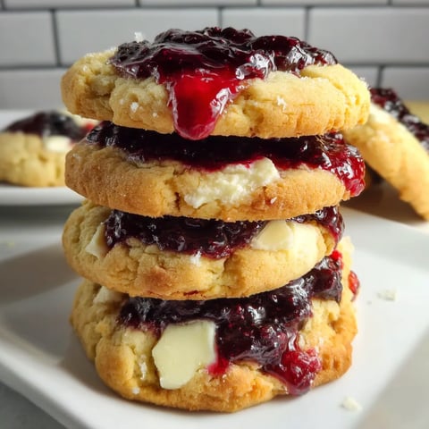 A stack of cookies with white frosting and blueberry jam.