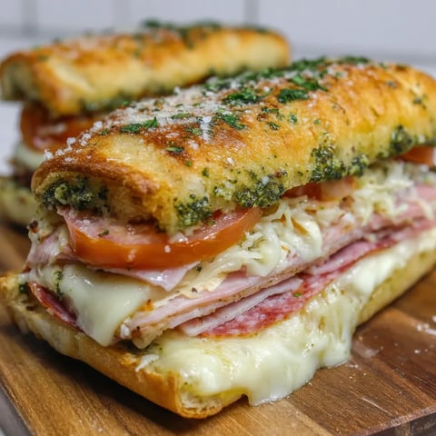 A sandwich with meat, cheese, tomato, and basil.