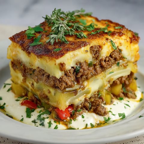 A white plate with a slice of meat and vegetables.