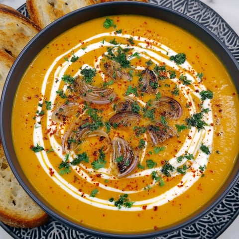 A bowl of soup with onions and garlic.