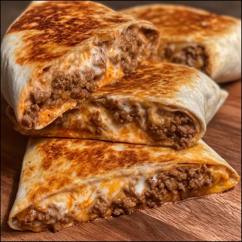 A flour tortilla stuffed with beef and cheese.