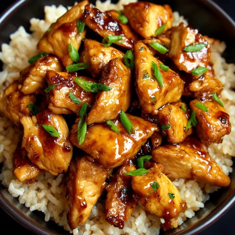 Chicken and sauce over a cozy bowl of rice.