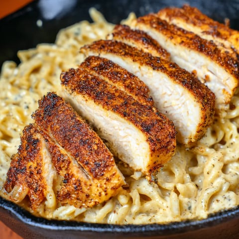 Chicken and pasta on a plate with sauce.