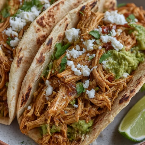Two chicken tacos topped with cheese and guac.
