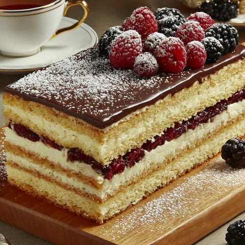 Chocolate custard cake with raspberries piled on top.
