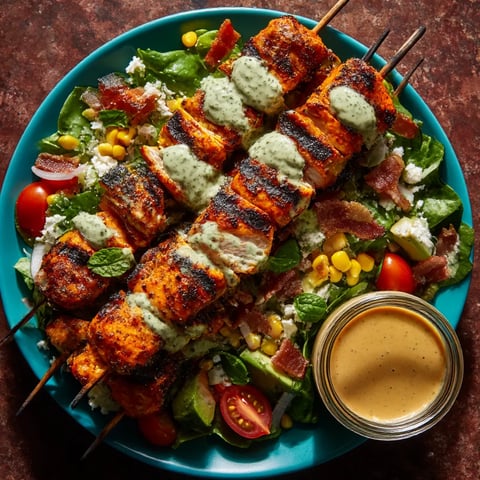 Plate piled high with honey buffalo chicken salad and colorful toppings.