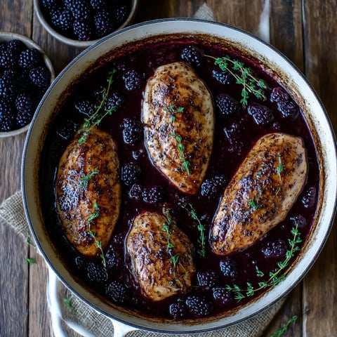 Sizzling skillet full of bourbon blackberry chicken.