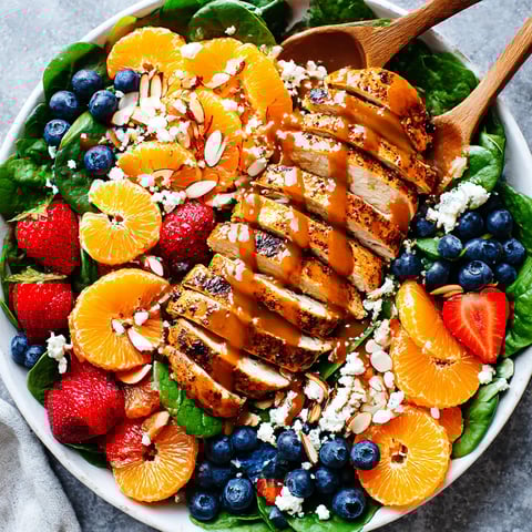 A colorful mix of spinach, chicken, berries, and almonds in a bowl.