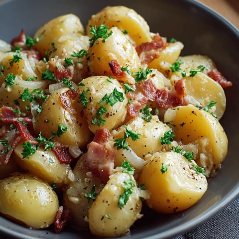 Ein Schälchen mit Bacon, Zwiebeln und Kartoffeln.
