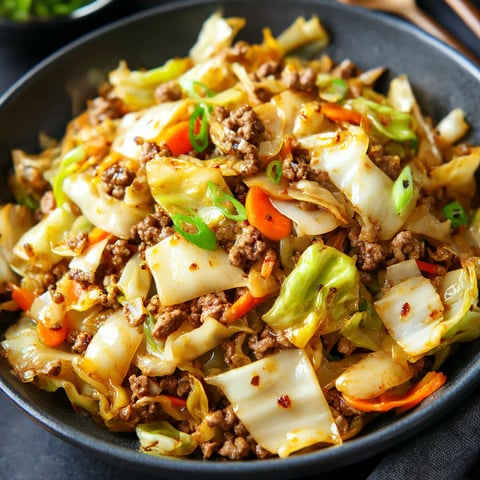 A bowl with beef, cabbage, and mushrooms tossed together stir-fry style.
