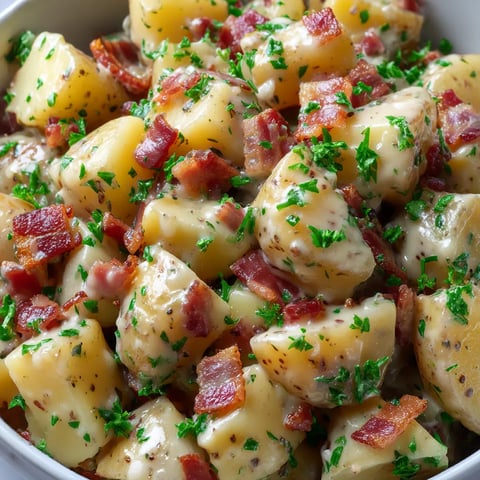 A bowl of German potato salad packed with bacon pieces and fresh green herbs.