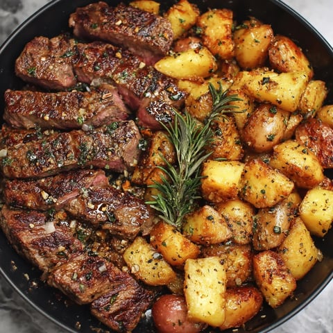 Ein schwarzes Töpfchen mit gegrilltem Steak, Kartoffeln und Zwiebeln.