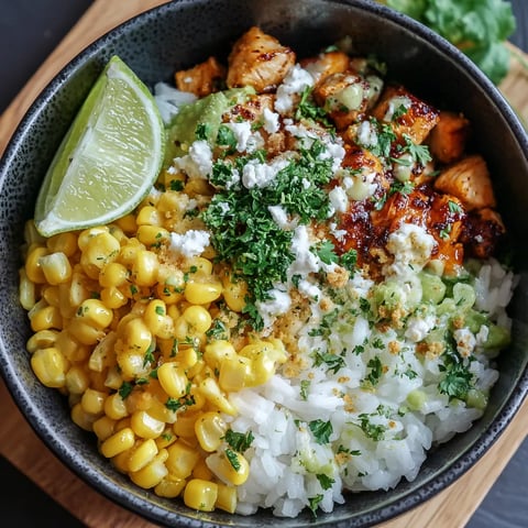 Ein schwarzes, glänzendes Bowl mit einer Mischung aus Reis, Kartoffeln, Korn, Lime, Zwiebeln und Käse.