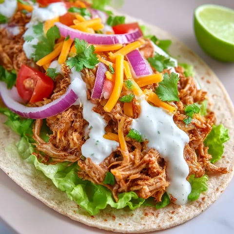 Pulled chicken piled high on a sandwich with tomato and lettuce.