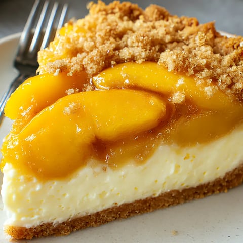 A thick wedge of peach cheesecake with streusel on top.