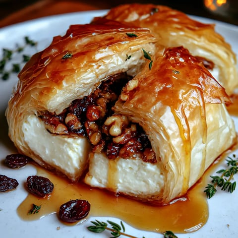 A baked brie in puff pastry with honey and fig.