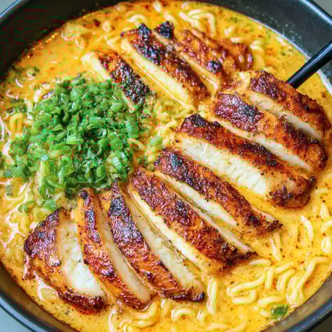 A big bowl of ramen noodles with chicken and fresh veggies.