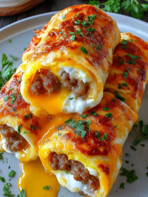 Eine Platte mit drei Scheiben von Eggs und Rindfleisch auf einem Teller.