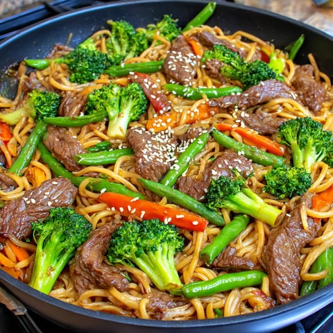 Beef broccoli lo mein fresh from the pan.