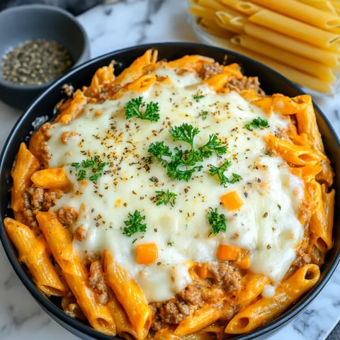 Bowl filled with creamy rotel pasta and ground beef.