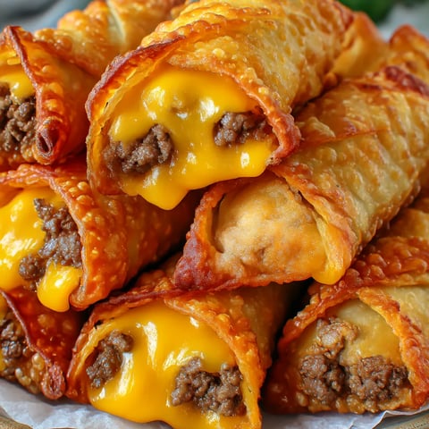 A plate holding crispy cheeseburger eggrolls.
