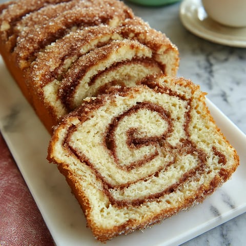 Sliced cinnamon donut loaf sitting on a plate.