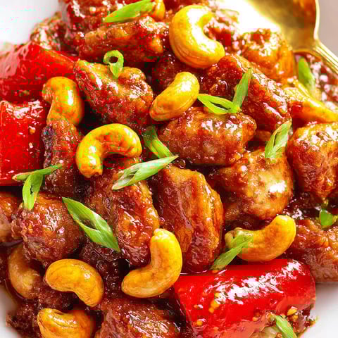 Dragon chicken with nuts and bell peppers.
