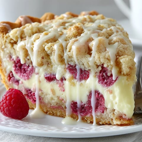 Raspberry Cheesecake Crumb Cake with a single slice cut out.