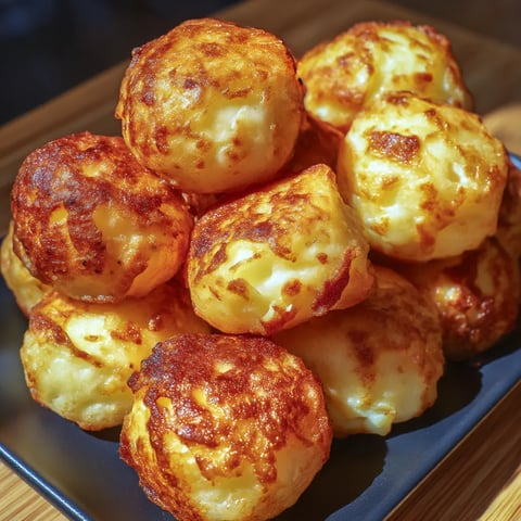 A plate piled high with cheesy, golden brown mashed potato puffs.